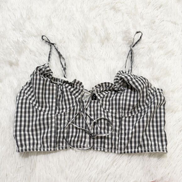Women Urban Outfitters Out From Under Gingham Tie Front Top in Black White Large - Picture 2 of 7